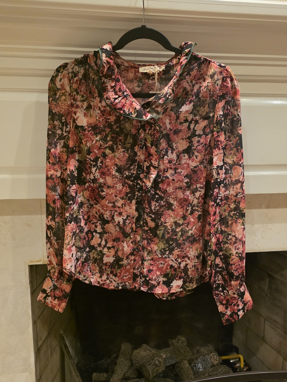 Mystree Sheer Multi Floral Ruffle-Collar Button Front Blouse